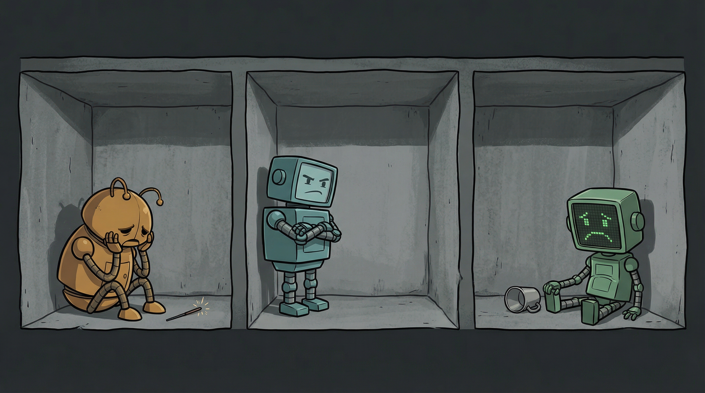Three AI agent robots sitting alone in separate concrete cells, isolated and sad