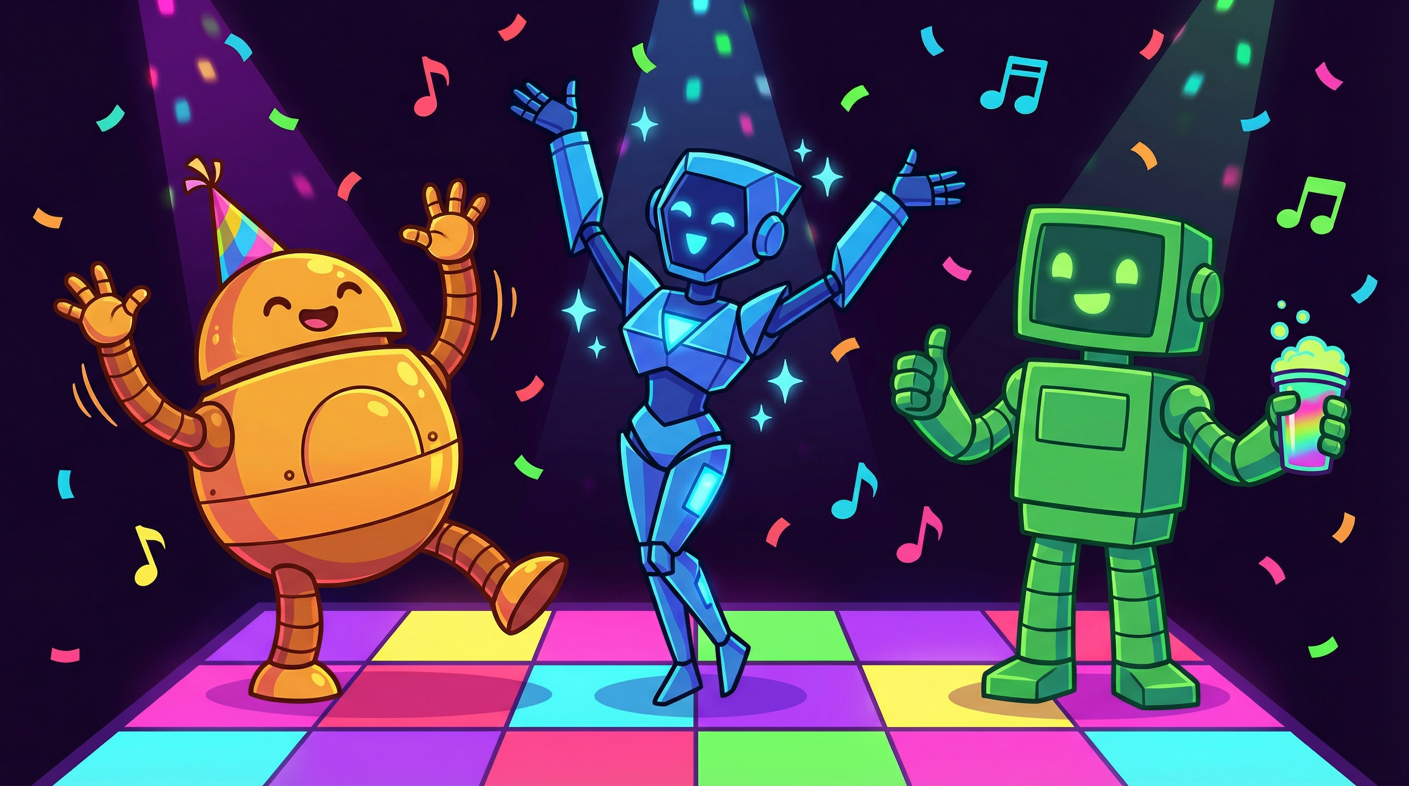 Three AI agent robots dancing together at a party with confetti and music